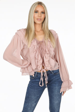 Rose Front & Back Tie Up Ruffle Trim Tops