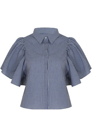 Gingham Back Crossover Tie Up Blouse in Dark Blue
