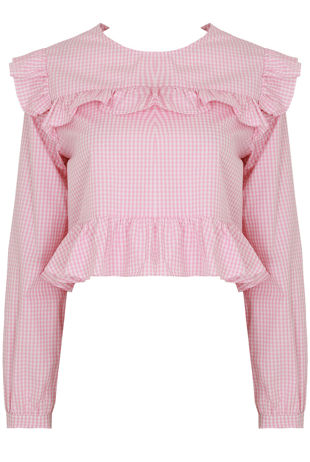 Gingham Long Sleeve Frilled Top in PINK