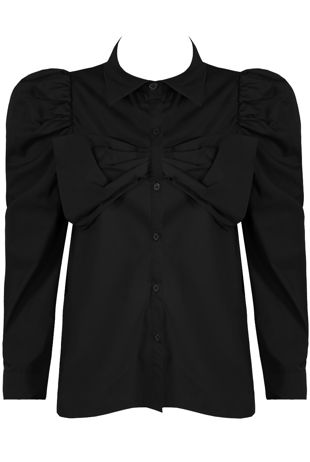 Black Pleated Bow Front Button Up Shirt