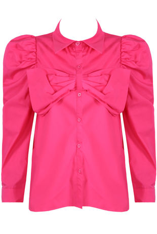 Fuchsia Pleated Bow Front Button Up Shirt