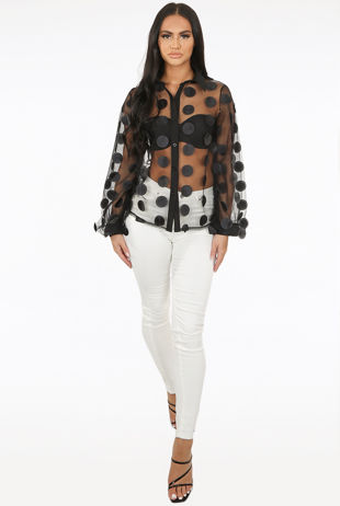 Black Mesh Flower Trim Button Up Shirt