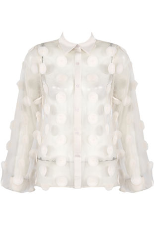 White Mesh Flower Trim Button Up Shirt