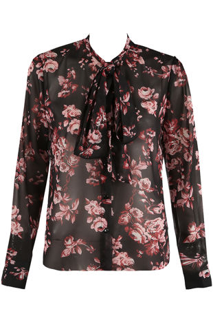 Black Floral Knotted Neck Shirt