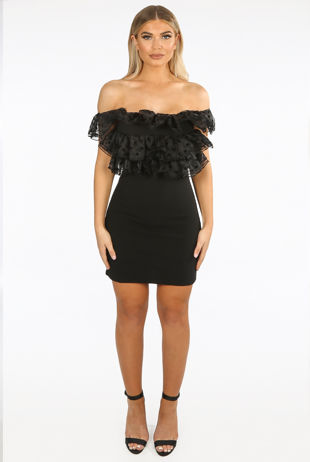 Black Organza Trim Off Shoulder Mini Dress