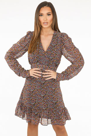 Orange Contrast Floral Print Chiffon Dress