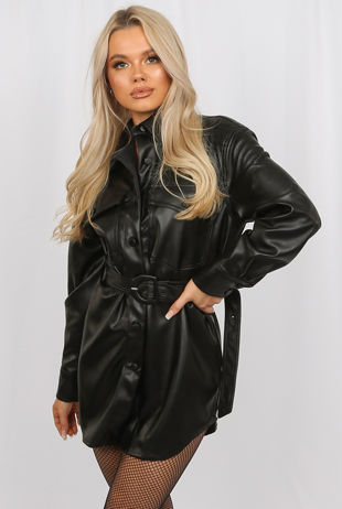 Black Faux Leather Pocket Detail Shirt Dress