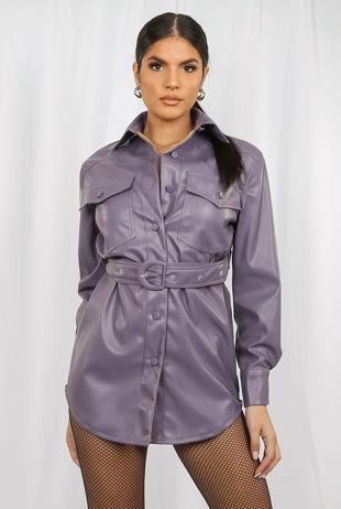 Lilac Faux Leather Pocket Detail Shirt Dress
