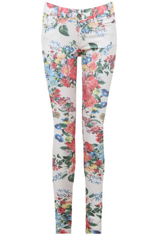 Cream With Red Flower Print Detail Jeans