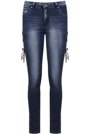 Blue Denim Side Lace Tie Up Fitted Jeans