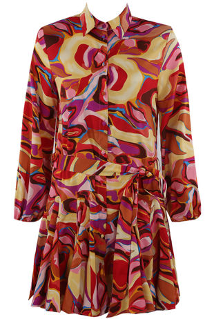 Multicolour Print Belted Flare Shirt Dress