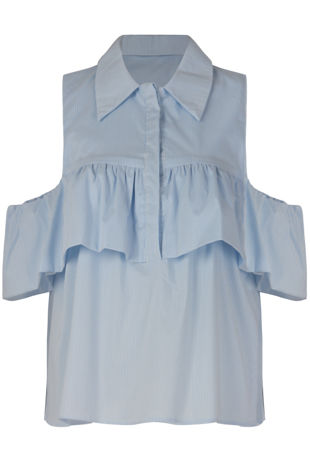 Stripe Frilled Poplin Cold Shoulder Shirt