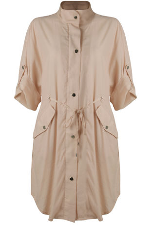 Beige Tie Waist Cross Pocket Shirt Dress