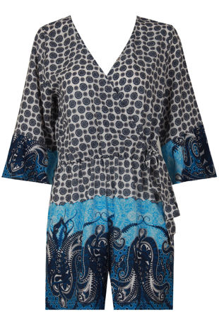 Blue Printed Cross Over Wing Sleeve Playsuit