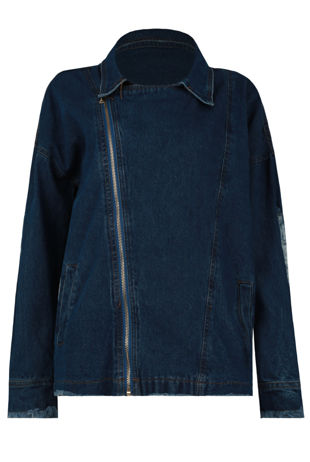 Blue Denim Front Zip Up Ripped Jacket