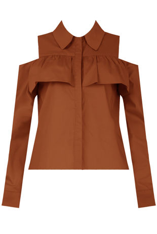 Camel Frill Cold Shoulder Long Sleeve Shirt