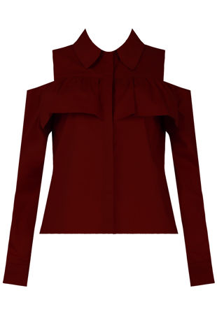 Wine Frill Cold Shoulder Long Sleeve Shirt