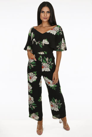 Black Contrast Floral Print Layered Jumpsuit