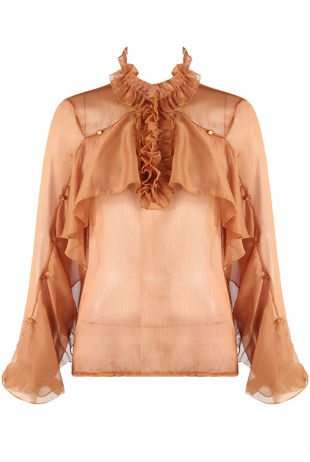 Camel Organza Blouse With Frill Detail