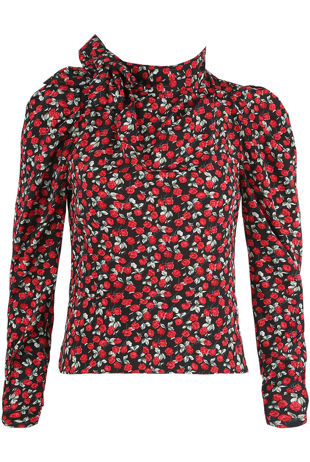 Black Contrast Floral Print Knotted High Neck Tops