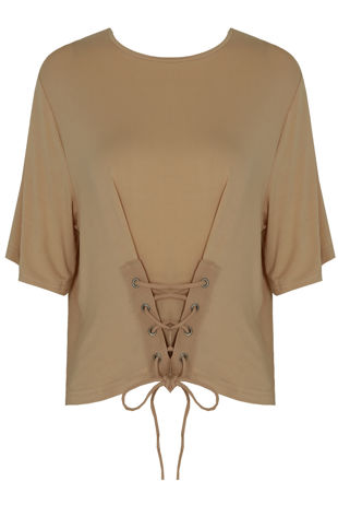 Beige Front Lace Tie Up Crop Tops