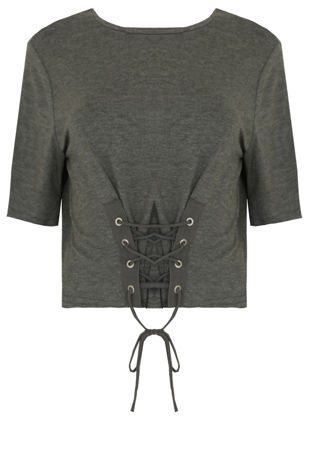 Grey Front Lace Tie Up Crop Tops