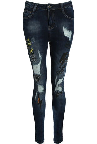 Denim Ripped Studs Trim Skinny Jeans