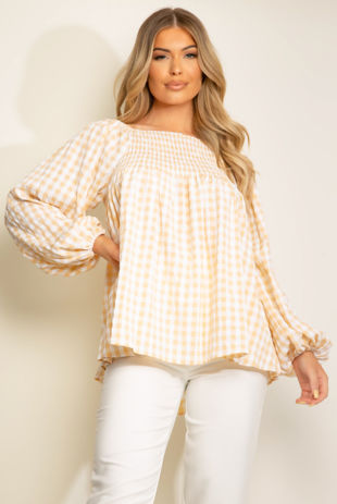 Yellow Check Plaid Off Shoulder Blouse