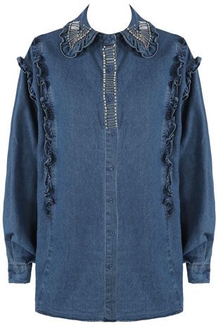 Diamante Trim Pleated Shoulder Denim Jacket