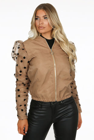 Camel Polka Dot Mesh Sleeve Bomber Jacket