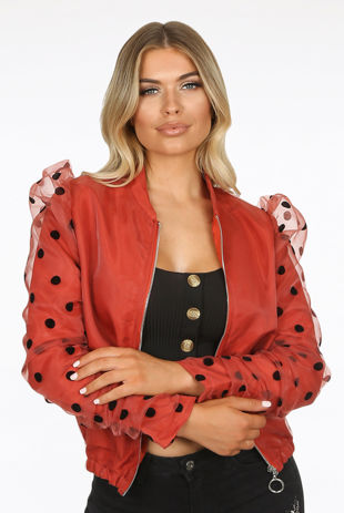 Rust Polka Dot Mesh Sleeve Bomber Jacket 