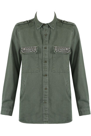 Khaki Metallic Trim Front & Side Pocketed Denim Jacket