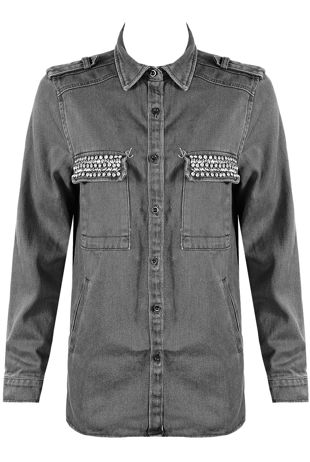 Grey Metallic Trim Front & Side Pocketed Denim Jacket