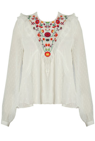White Contrast Floral Embroidery Frilled Tops