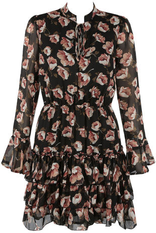 Black Floral Chiffon Tie Neck Dress