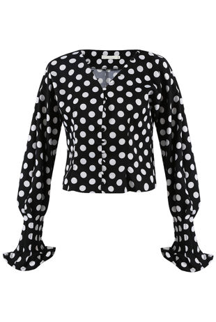Black Ruched Polka Dot Toggle Button Top