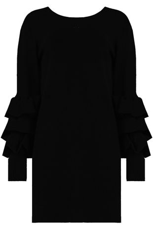 Black Ribbed Layered Sleeve Knitted Midi Dress