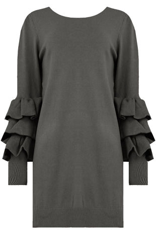 Grey Ribbed Layered Sleeve Knitted Midi Dress