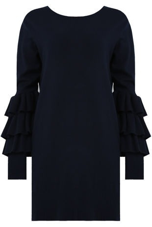 Navy Ribbed Layered Sleeve Knitted Midi Dress