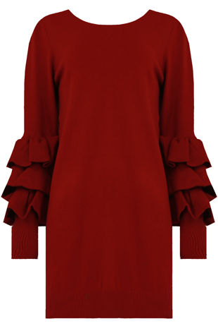 Wine Ribbed Layered Sleeve Knitted Midi Dress