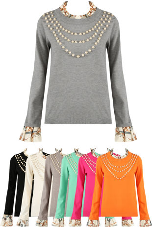 Ruffle Neck & Cuffs Pearls Trim Jumper - Mixed Colour Pack