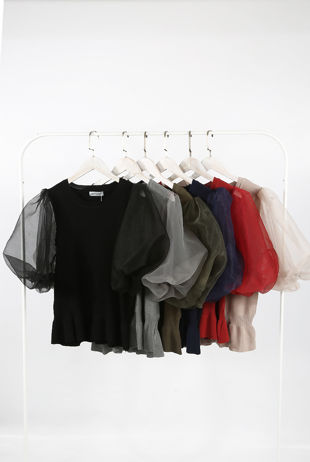 Half Tulle Sleeves Ribbed Top - Mixed Colours Pack