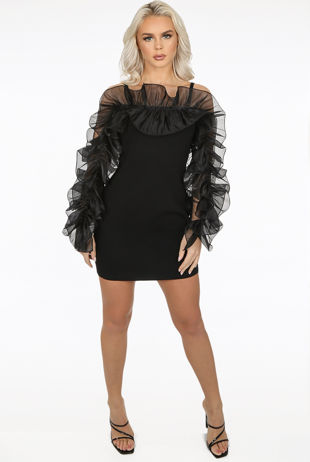Black Frill Trim Cold Shoulder Ribbed Midi Dress