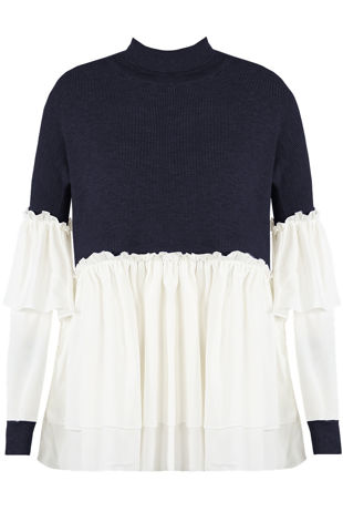Navy Ribbed High Neck Tier Sleeve Jumper With Gatherings