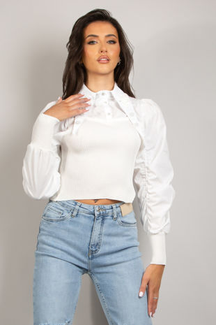 White Embellished Shirt With Knitted Bodice