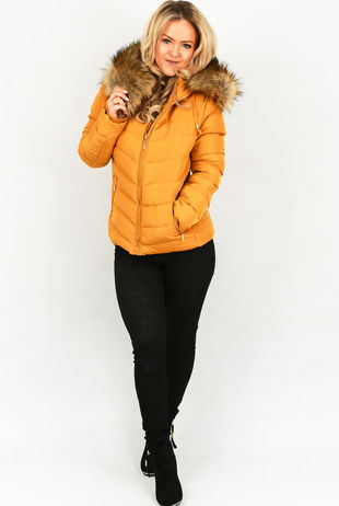 Mustard Zipped Pockets Fur Hood Puffa Jacket