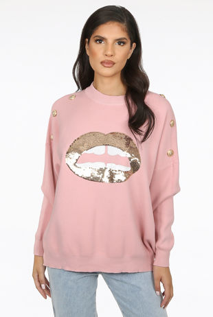 Pink Sequin Lip With Golden Button Trim Knitted Jumper