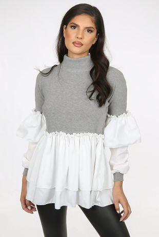 Grey Ribbed High Neck Tier Sleeve Jumper With Gatherings