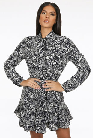 Black Animal Print Knotted High Neck Mini Dress