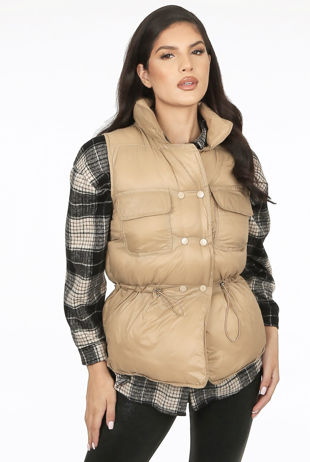 Beige Pocket Front Quilted Gilet 